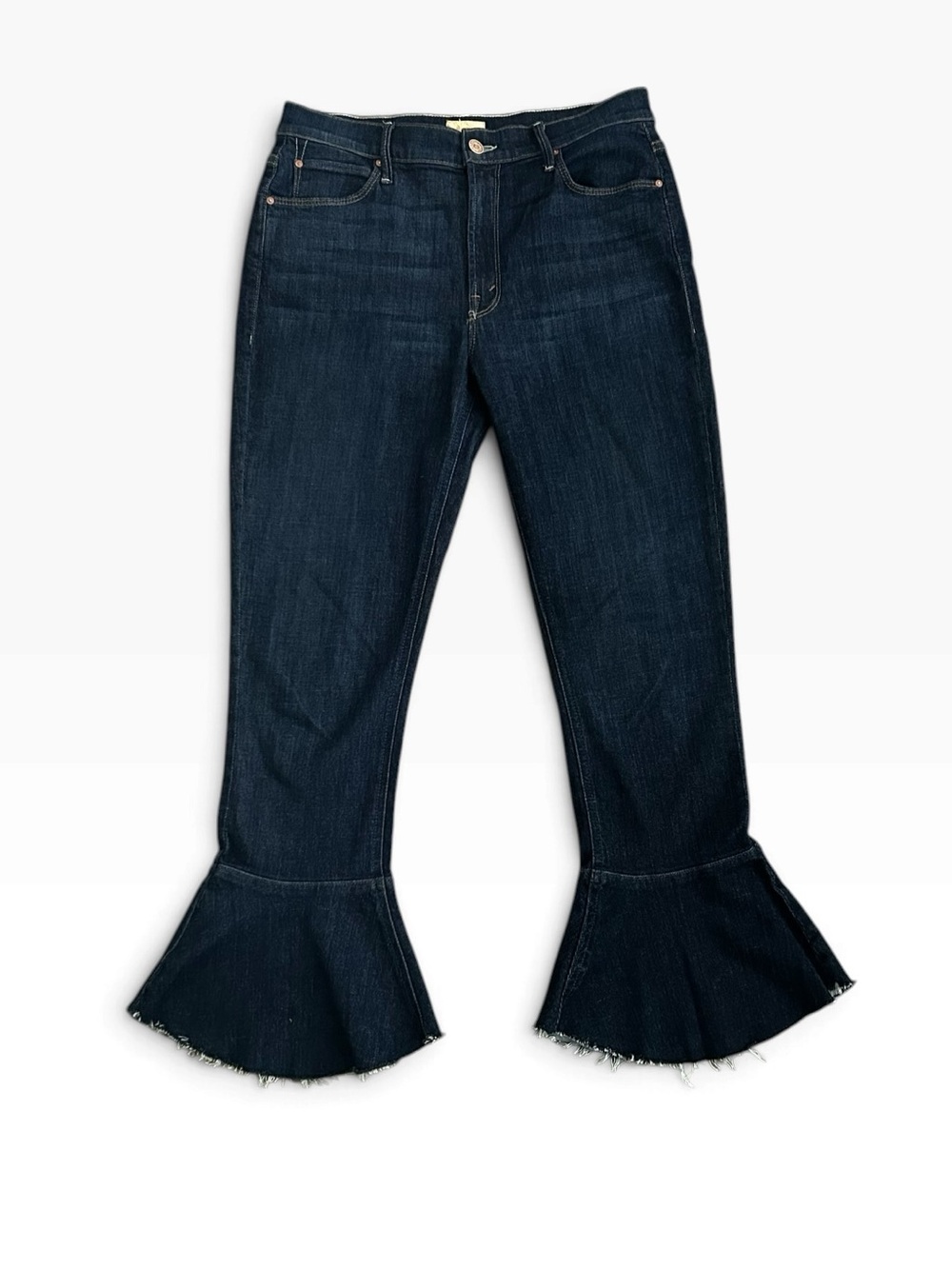 MOTHER The Cha Cha Fray Cropped Flare Jeans Dark Wash Ruffle Hem Size 30